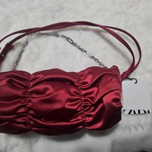 Zara Red Satin Shoulder Bag with Chain Accent -NWT